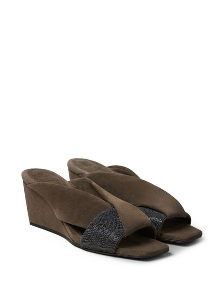 BRUNELLO CUCINELLI Brown Suede Slip-On Wedge Sandals with Monili Chain Detail for Women