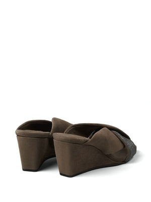 BRUNELLO CUCINELLI Brown Suede Slip-On Wedge Sandals with Monili Chain Detail for Women