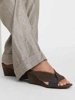 BRUNELLO CUCINELLI Brown Suede Slip-On Wedge Sandals with Monili Chain Detail for Women