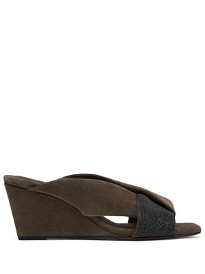 BRUNELLO CUCINELLI Brown Suede Slip-On Wedge Sandals with Monili Chain Detail for Women