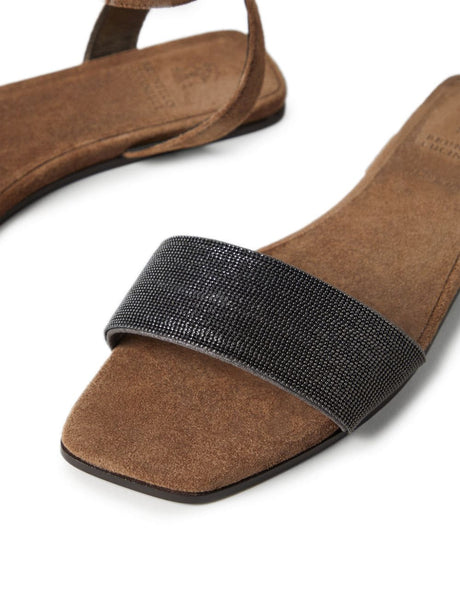 BRUNELLO CUCINELLI Brown Suede Sandals with Monili Chain Detail for Women