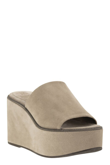 BRUNELLO CUCINELLI Suede Wedges with Precious Welt - Mud