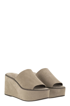 BRUNELLO CUCINELLI Suede Wedges with Precious Welt - Mud