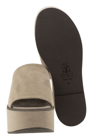 BRUNELLO CUCINELLI Suede Wedges with Precious Welt - Mud