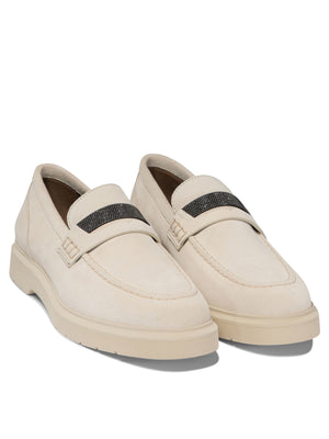 BRUNELLO CUCINELLI Beige Suede Loafers for Women with Almond Toe and Rubber Sole