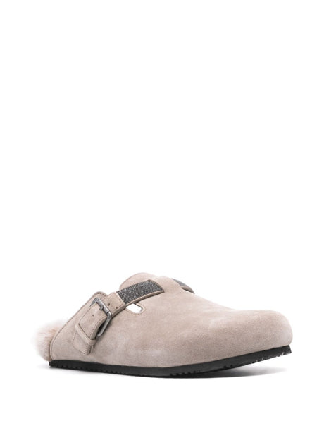 BRUNELLO CUCINELLI Chic Suede Leather Slippers with Monili Chain