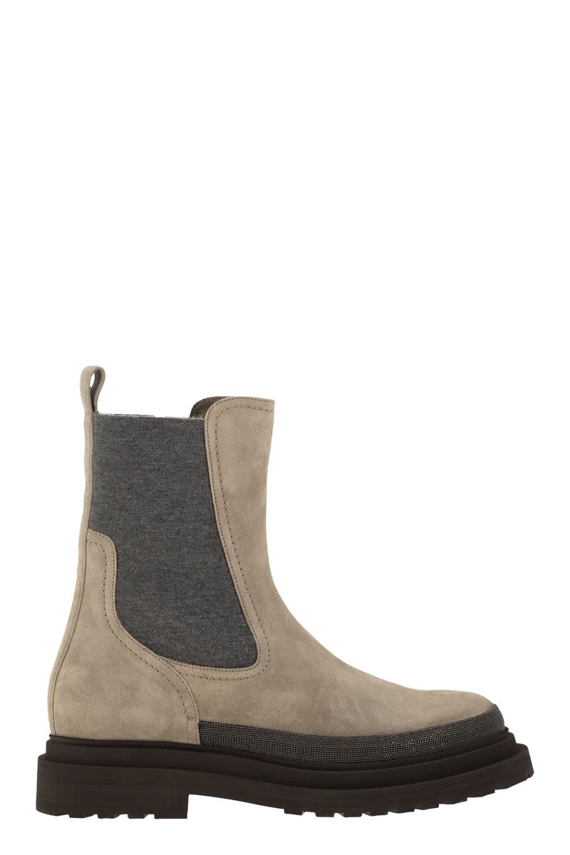 BRUNELLO CUCINELLI Elegant Suede Chelsea Boot with Jewel Details, 5cm Heel