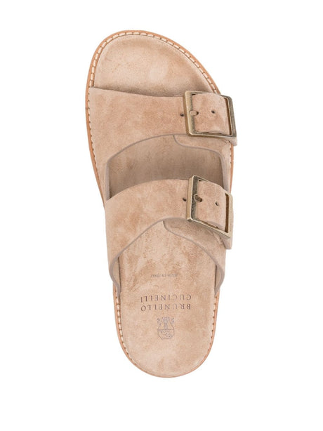 BRUNELLO CUCINELLI รองเท้าแตะผู้ชายสีดำและสีเบจสายสูทแบบล้าง