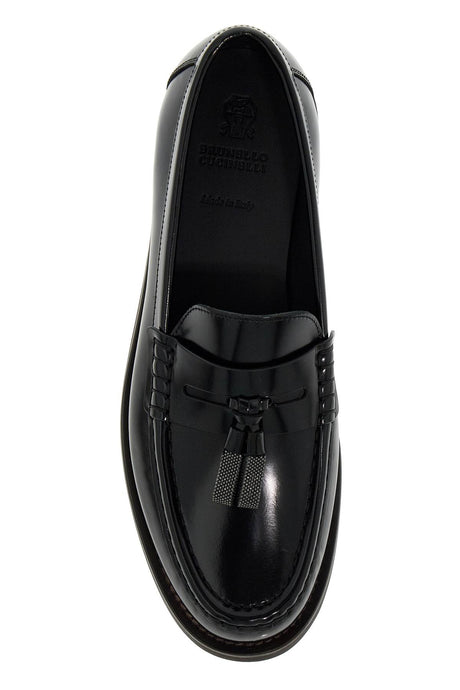 BRUNELLO CUCINELLI Minimalist Glossy Leather Loafers with Tassel Detail