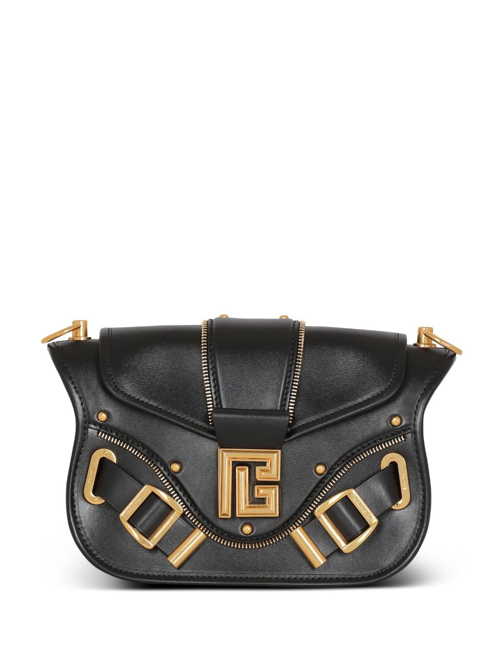 BALMAIN Black Leather Shoulder Bag with Golden Zipper Accents