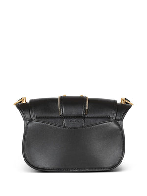 BALMAIN Black Leather Shoulder Bag with Golden Zipper Accents