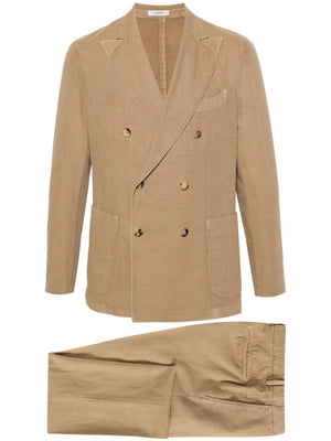 Áo vest nam đôi đơn hàng mầu nâu camel từ vải Cotton-Linen cho mùa xuân hè