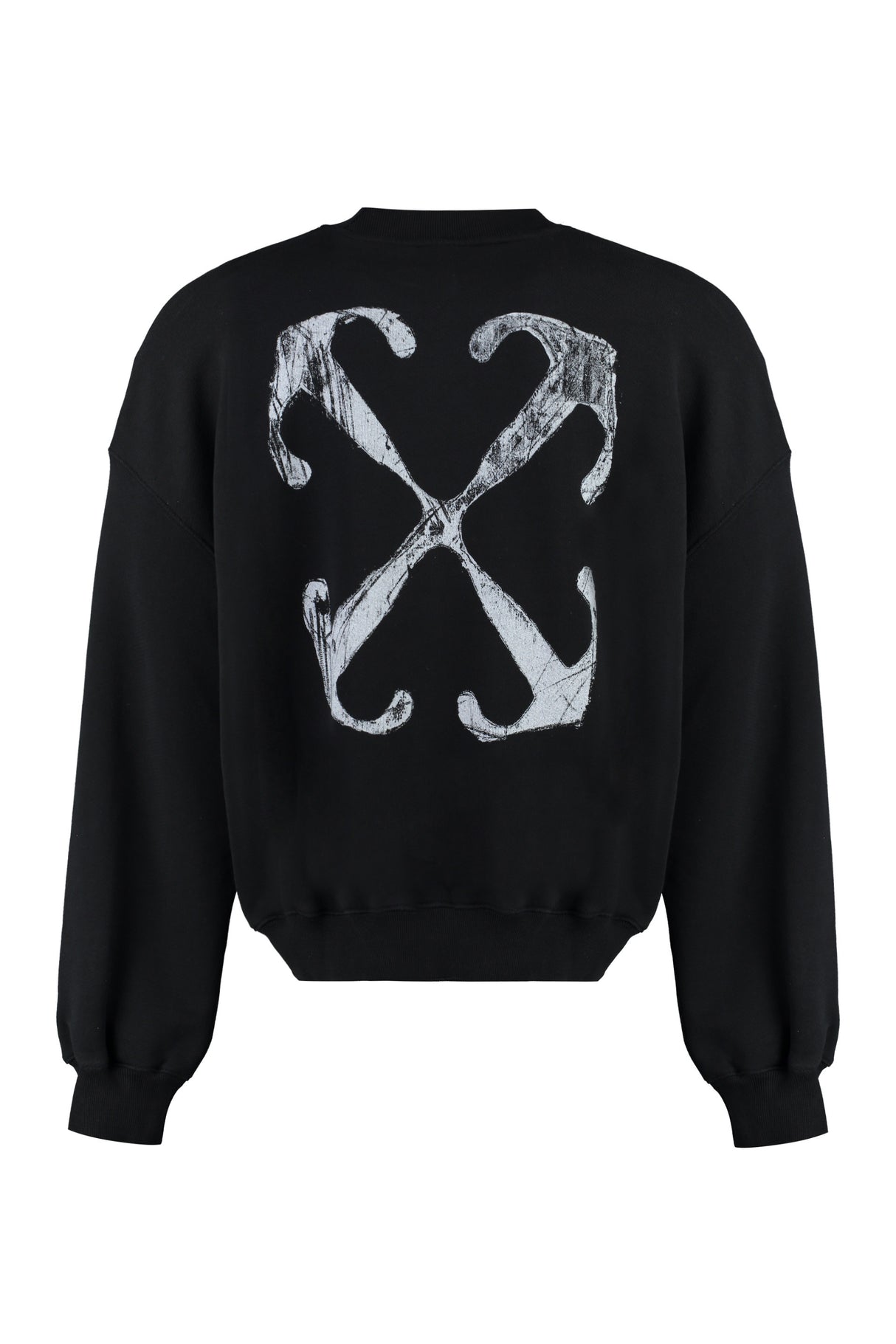 Black Cotton Crew-Neck Sweatshirt with Maxi Print and Ribbed Edges