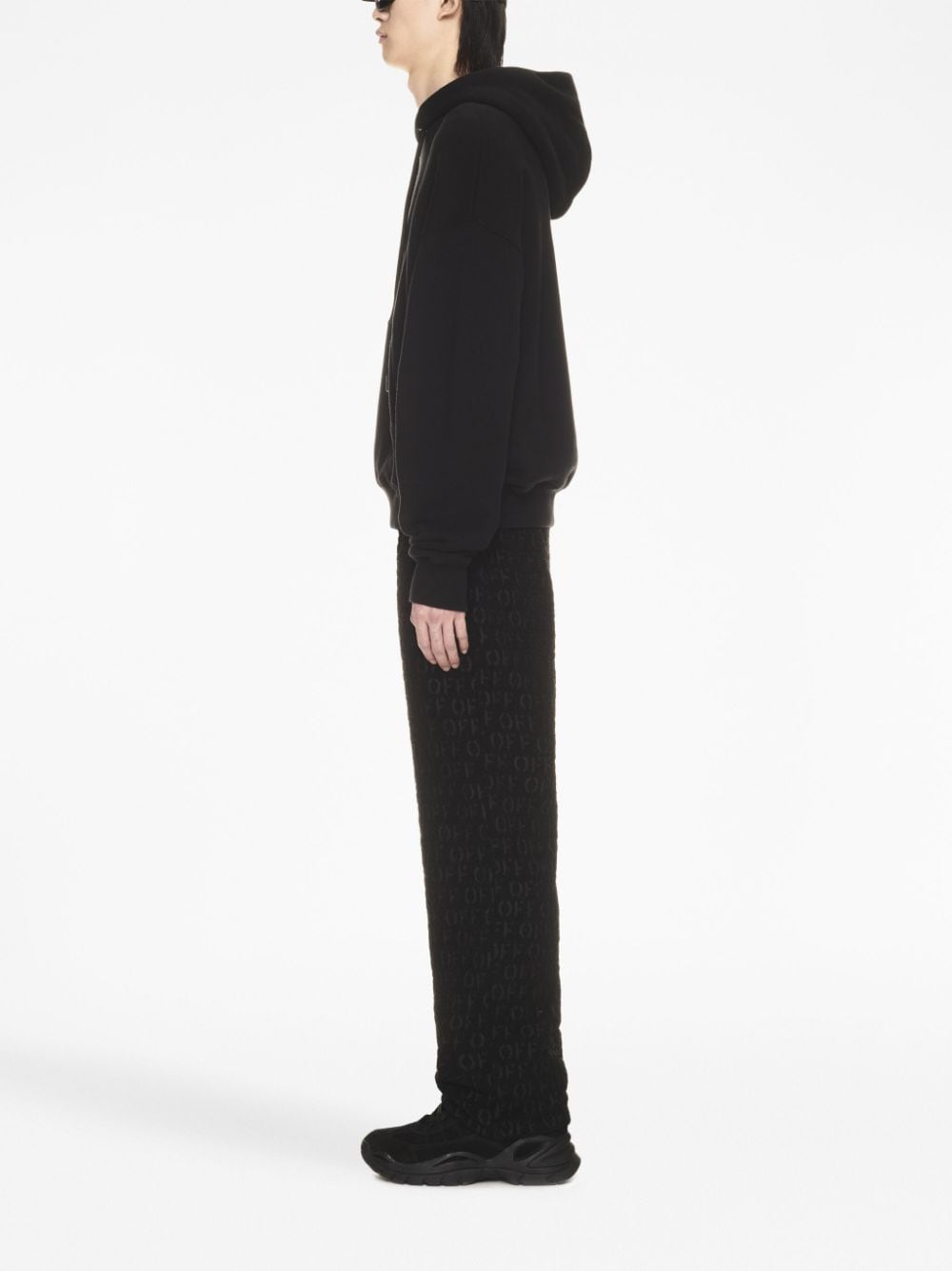 OFF-WHITE Men's Black Hooded Sweatshirt with Ribbed Cuffs and Lower Edge