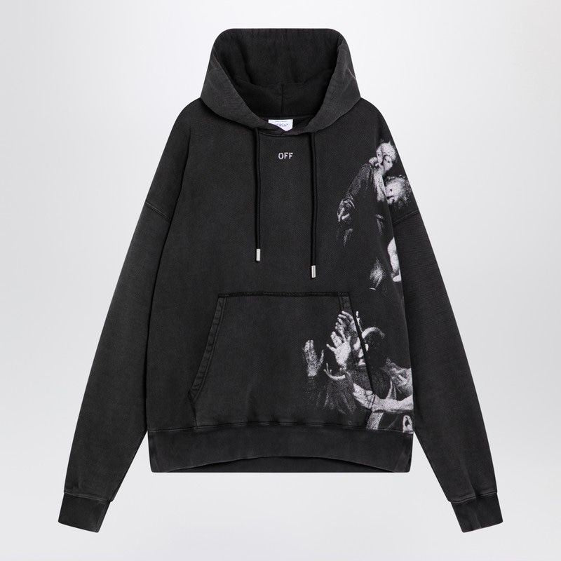 OFF-WHITE Men's Black Hoodie with Blurred Mary Design