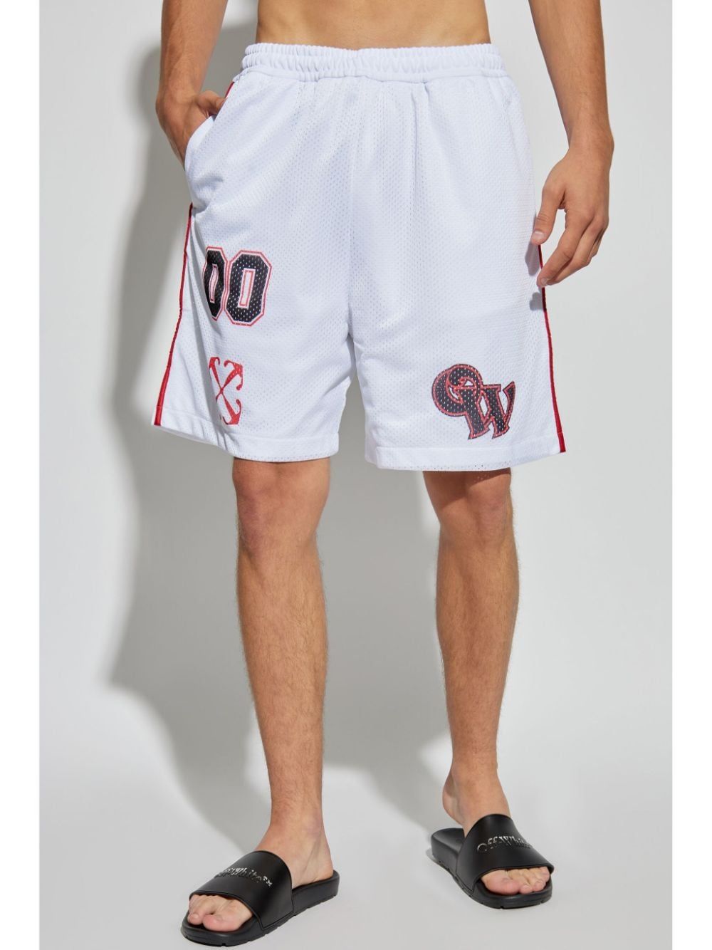 OFF-WHITE Gothic Logo Mesh Basket Shorts