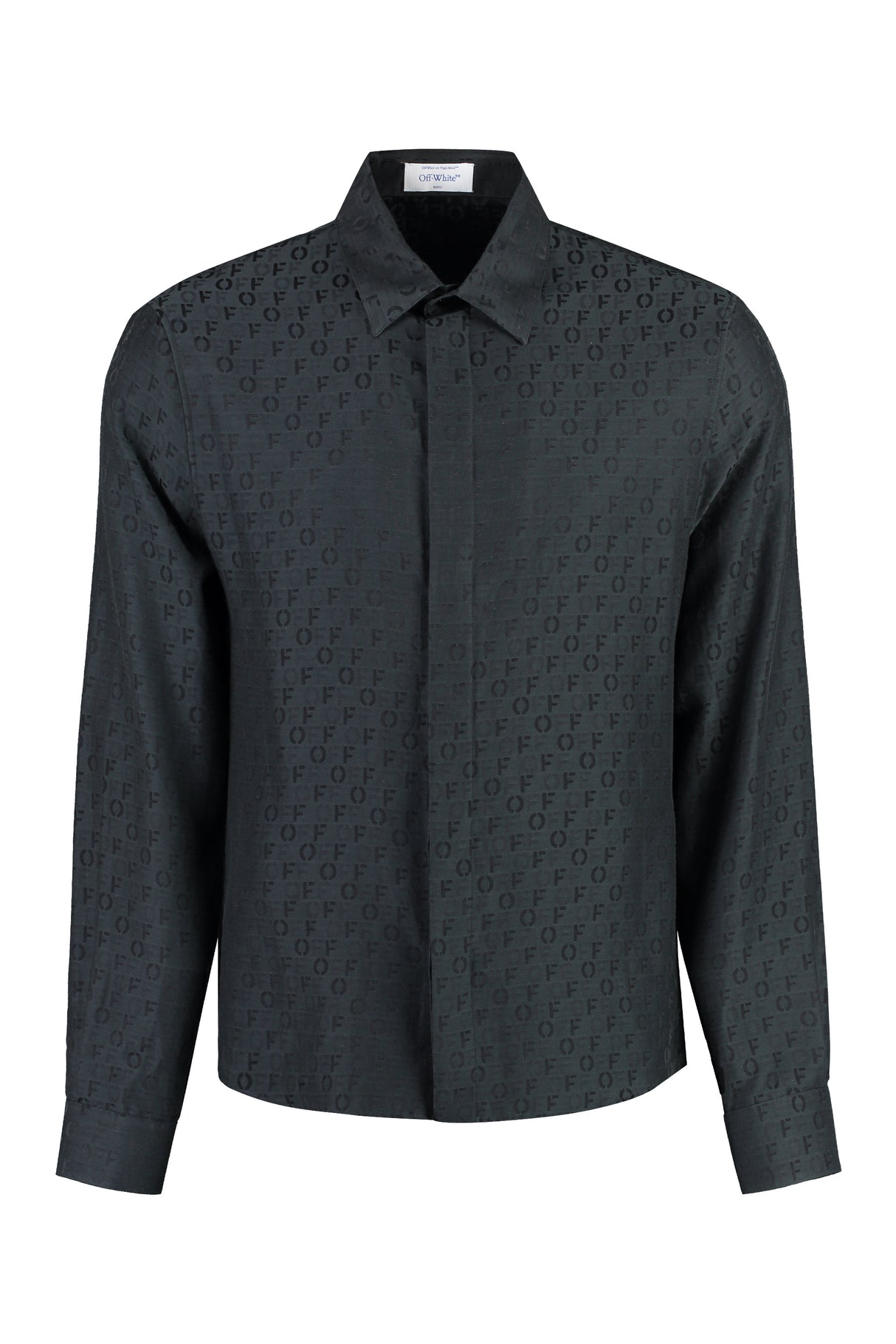 Men's Black Silk-Cotton Blend Shirt with Classic Collar and Rounded Hem