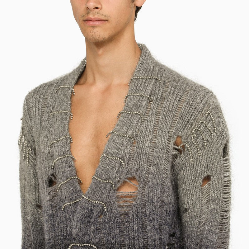 OFF-WHITE Men's Grey Degradé Mohair Blend Cardigan with Rhinestone Detailing