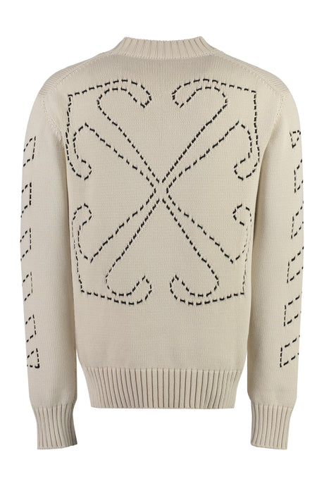 OFF-WHITE Men's Beige Crew-Neck Sweater with Contrast Stitching and Arrow Detail - FW23