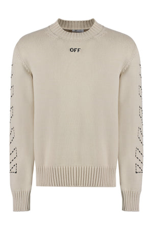 OFF-WHITE Men's Beige Crew-Neck Sweater with Contrast Stitching and Arrow Detail - FW23