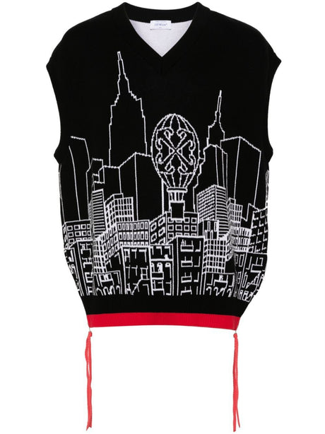 OFF-WHITE Relaxed Fit V Neck Sleeveless Knit Jumper with Skyline Graphic