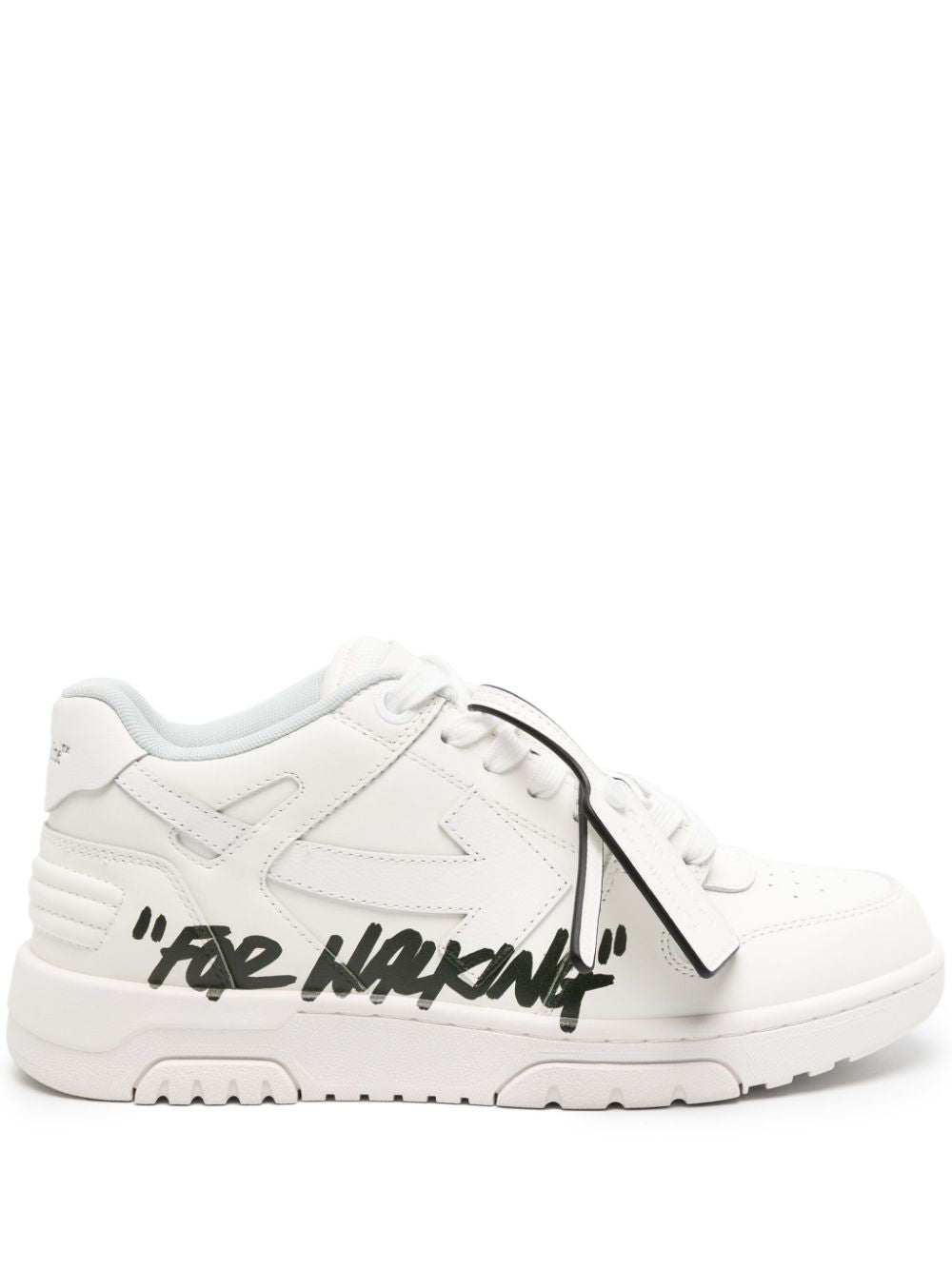 Men's White Leather Sneakers with Signature Arrow Design and Slogan Print