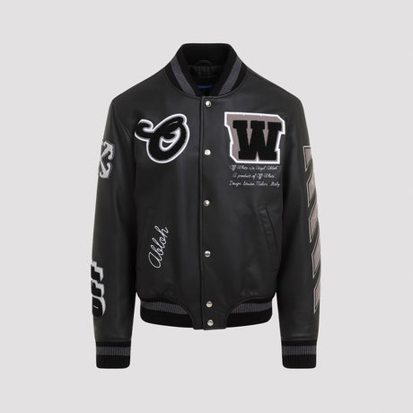 OFF-WHITE Premium Black Leather Varsity Jacket