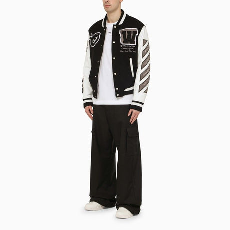 Men's Varsity Bomber Jacket with Leather Sleeves and Unique Patches