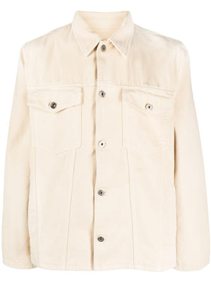 OFF-WHITE Men's Light Beige Classic Denim Jacket with Logo Detail and Belted Waist Tabs