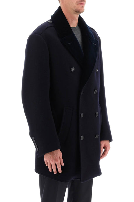 男士FW23蓝色羊毛双排扣大衣