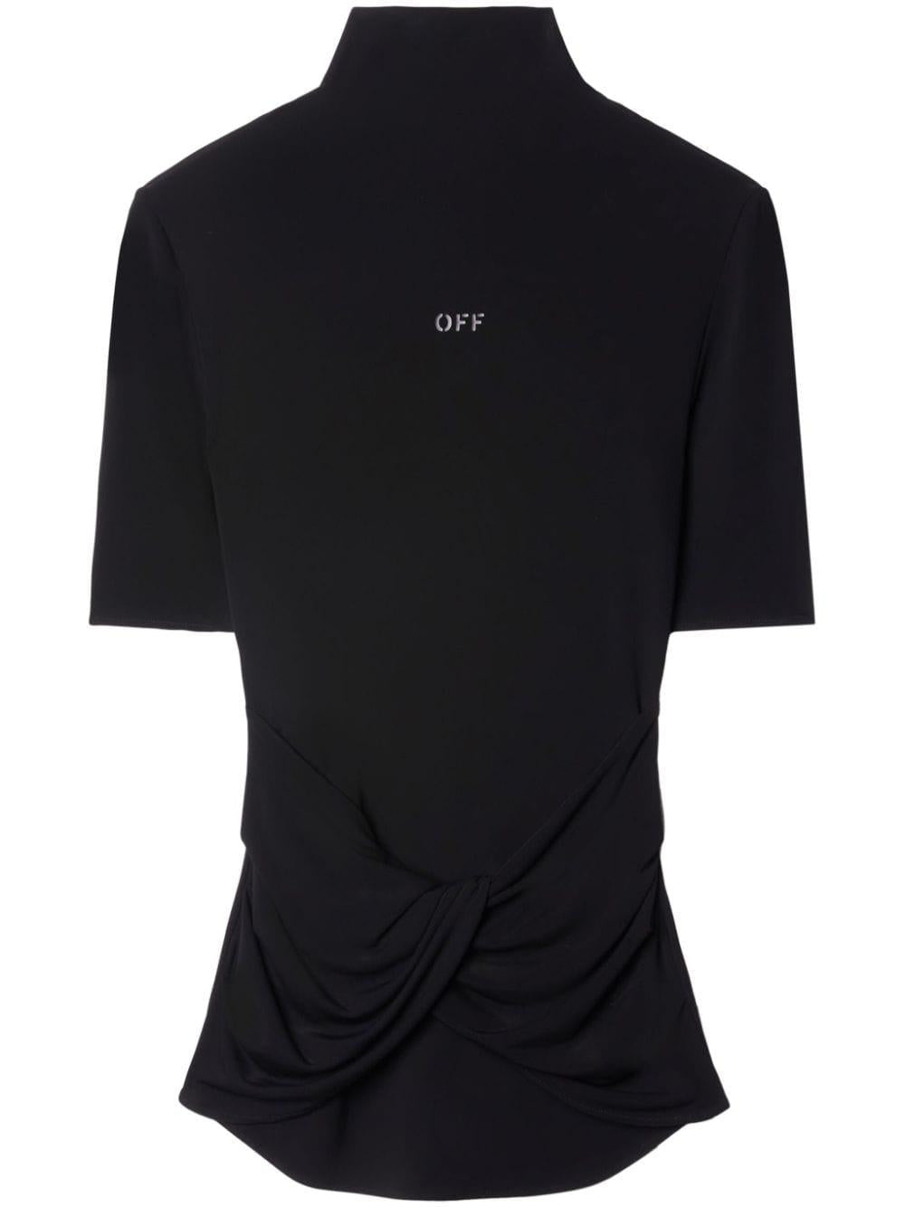 OFF-WHITE Women's Black Crepe Twist Top - Short-Sleeved, High-Collar with Logo Print and Twisted Detail