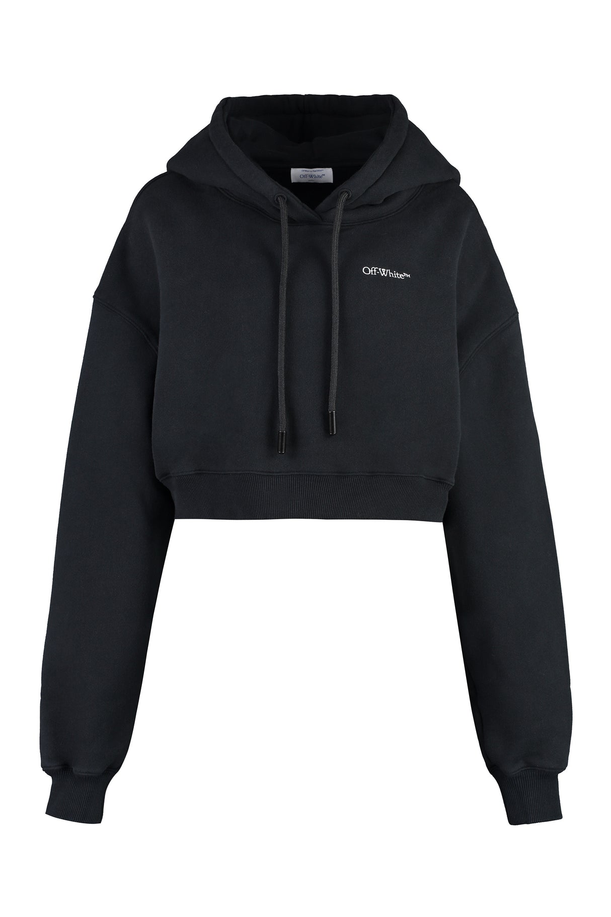 Black Cropped Hoodie with Ribbed Cuffs and Lower Edge for Women