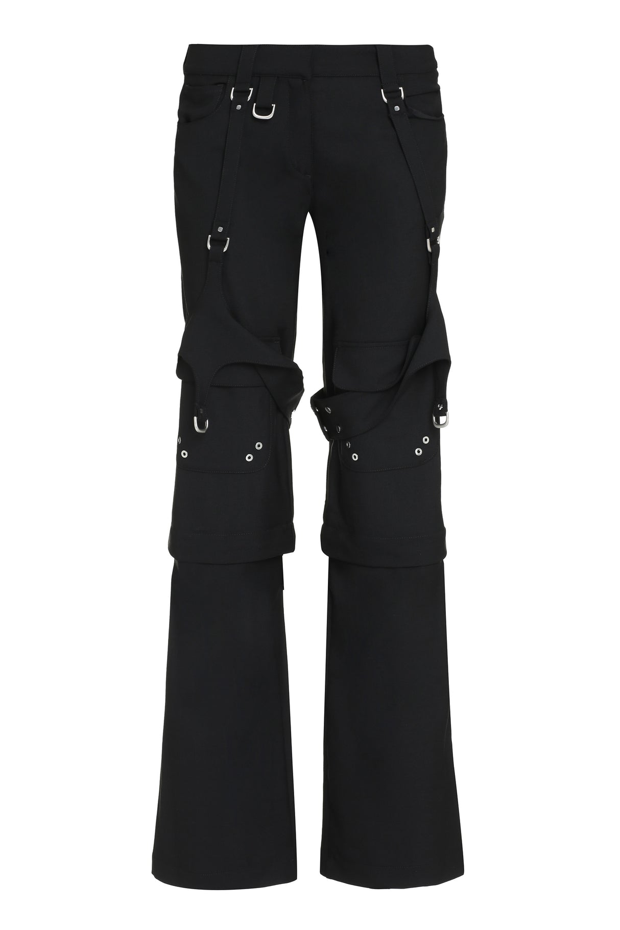 女性用ブラックカーゴパンツ - フロントストラップ付き - マルチポケットデザイン - レギュラーフィット