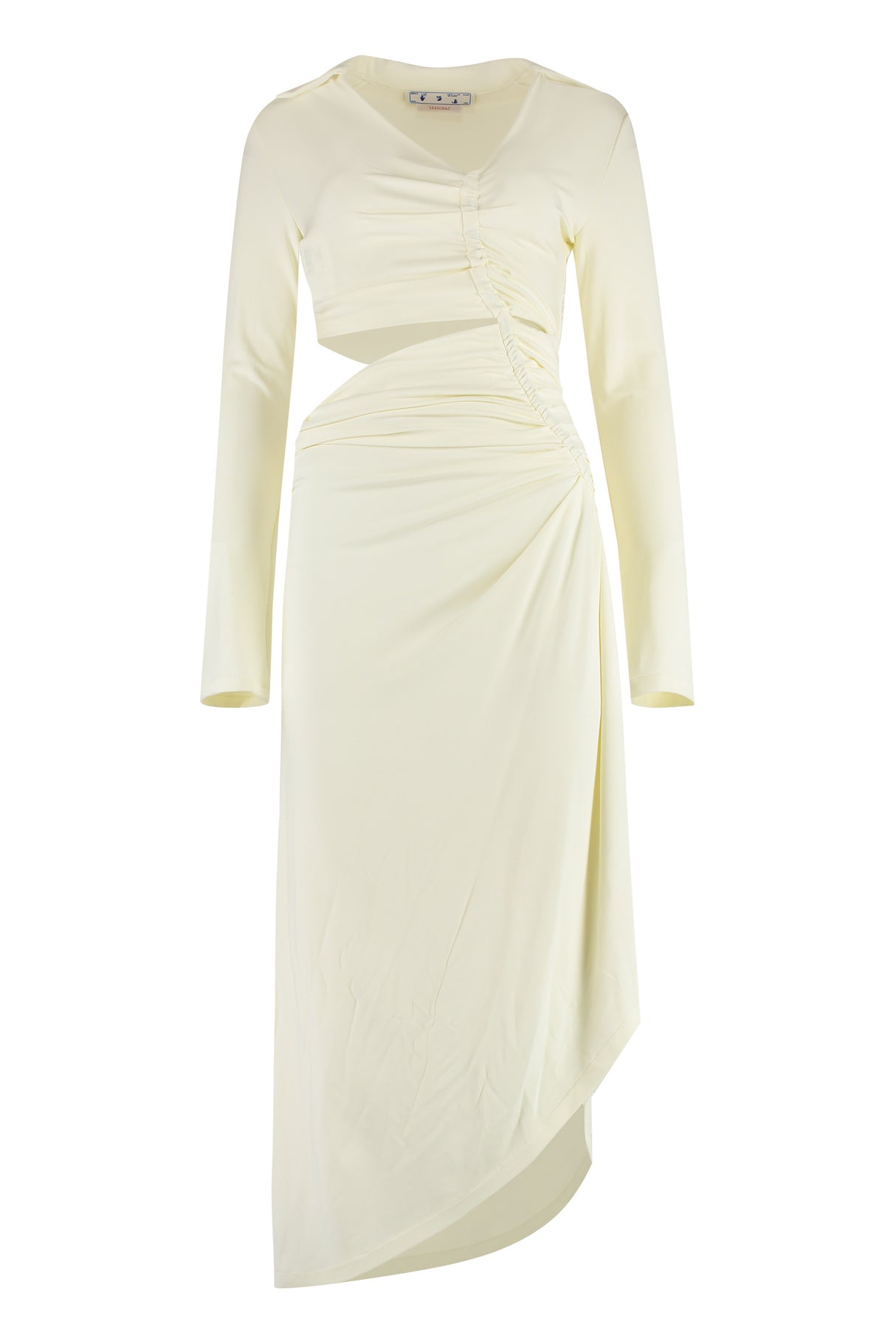 White Gathered Midi Dress with Deep Side Slit and Asymmetric Hem for Women from Off-White SS23 Collection