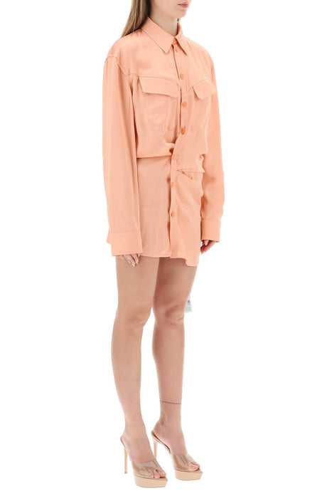 OFF-WHITE Asymmetric Pink Satin Mini Shirt Dress