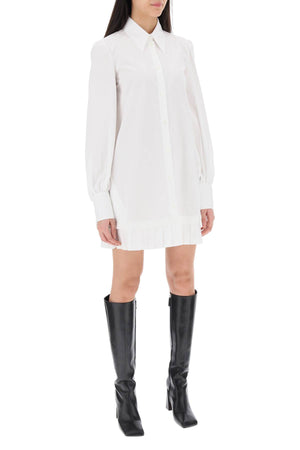 Mini Shirt Dress in White - Off-White Cotton Poplin with Bouffant Sleeves, Italian Collar, and Pleated Hem - Women's Clothing SS24