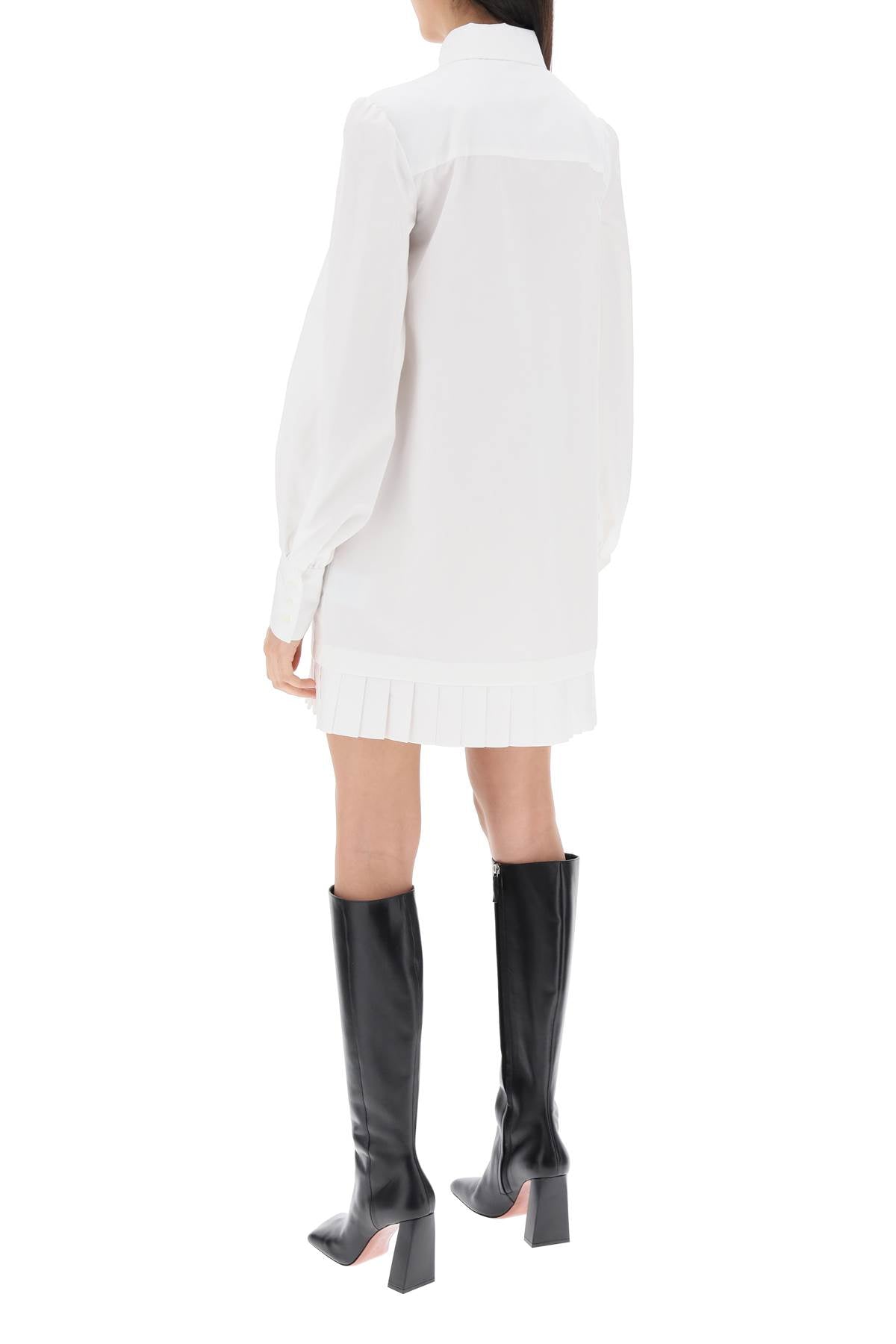 Mini Shirt Dress in White - Off-White Cotton Poplin with Bouffant Sleeves, Italian Collar, and Pleated Hem - Women's Clothing SS24