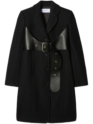 女性用ウールブレンドベルト付きブラックコート|FW23コレクション