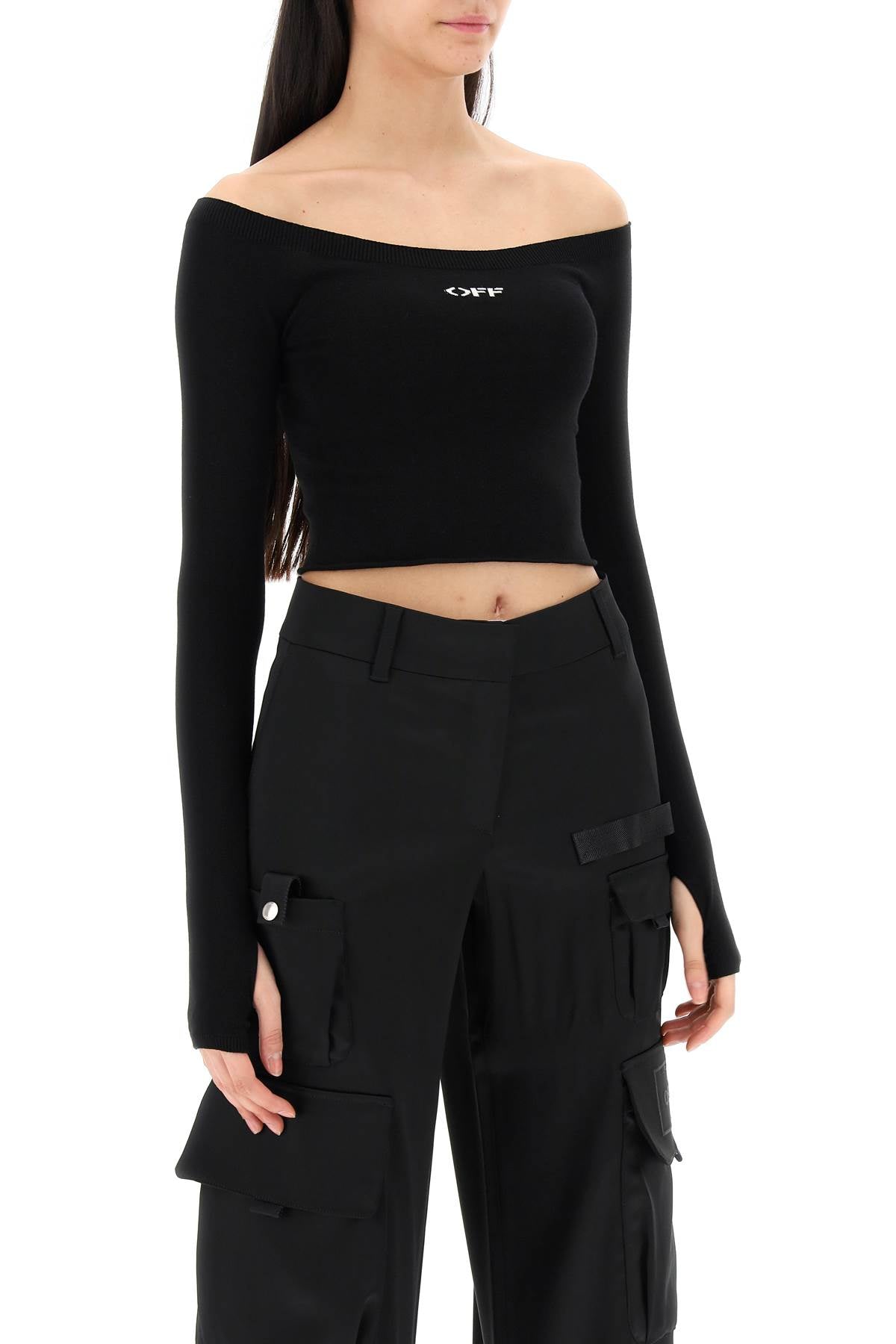 OFF-WHITE Off-Shoulder Cropped Top in Thin Knit with Contrast Logo