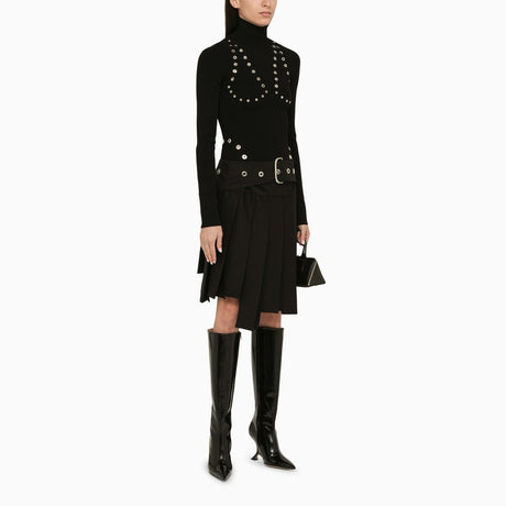 Eyelet-Embellished High Neck Knit Top in Black for Women - FW23 Collection