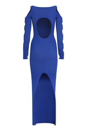 OFF-WHITE Blue Cut-Out Net Long Dress with Off Logo and Fitted Cut