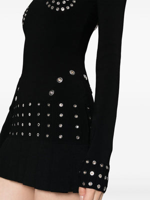 OFF-WHITE Elegant Black Pleated Mini Dress for Women with Eyelet Embellishment and Silver-Tone Hardware