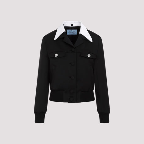 女性用エレガントなブラックのシングルブレストウールとサテンのジャケット - SS24