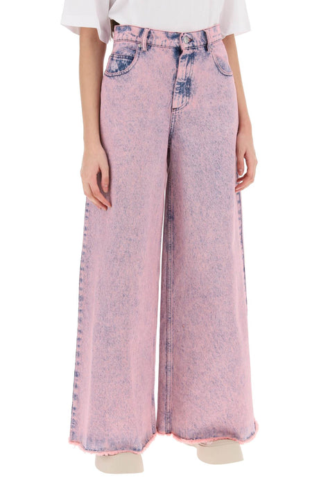 MARNI Pink Wide Leg Jeans for Women - Marble-washed Overdyed Denim, Frayed Hem, Size 38