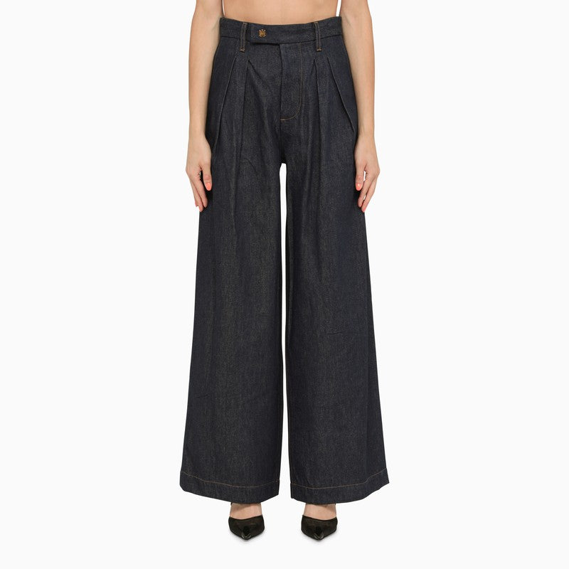 High Waist Blue Cotton Denim Pants - Women's