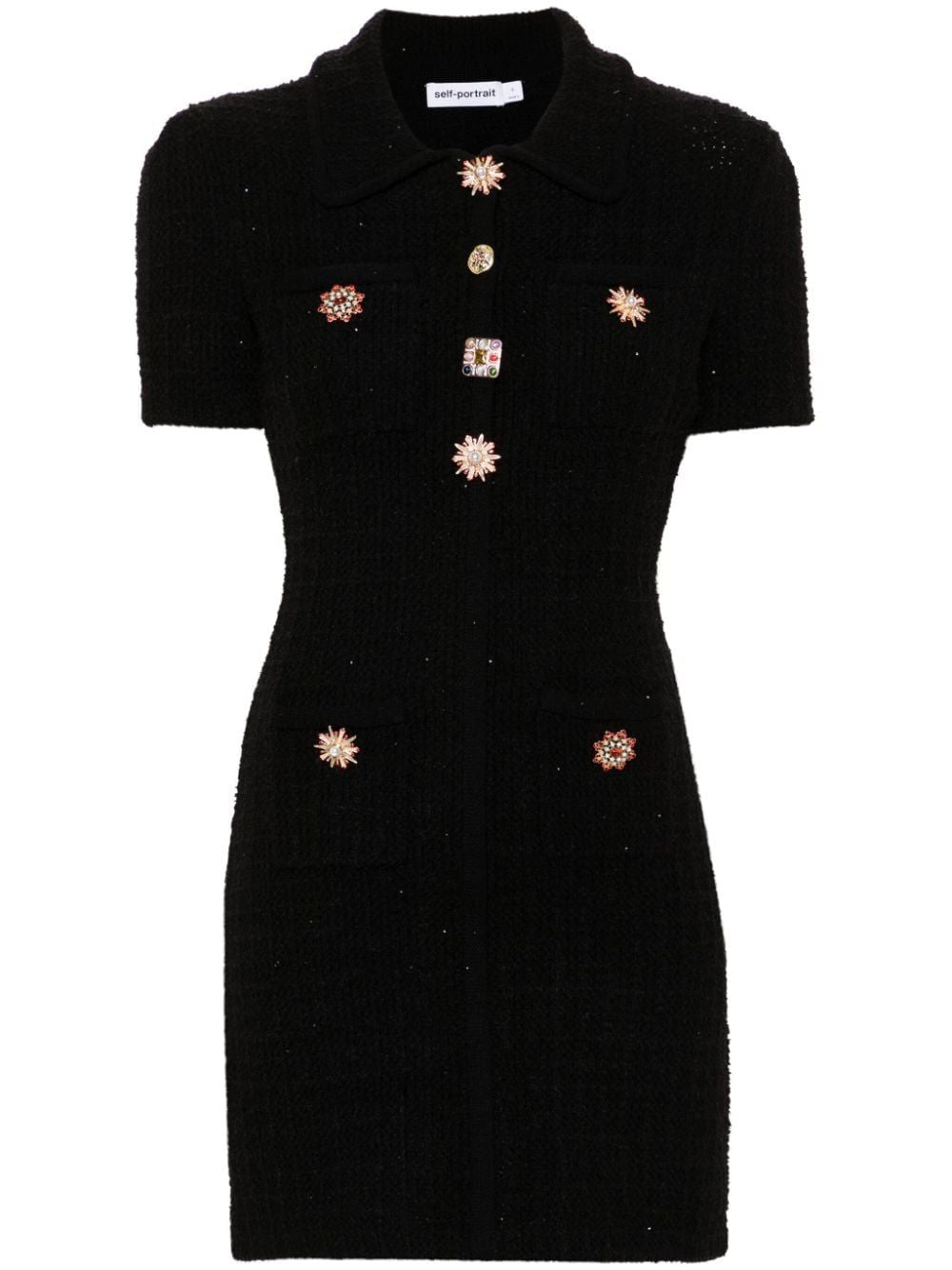 SELF-PORTRAIT Embellished Button Knit Dress with Front Pockets