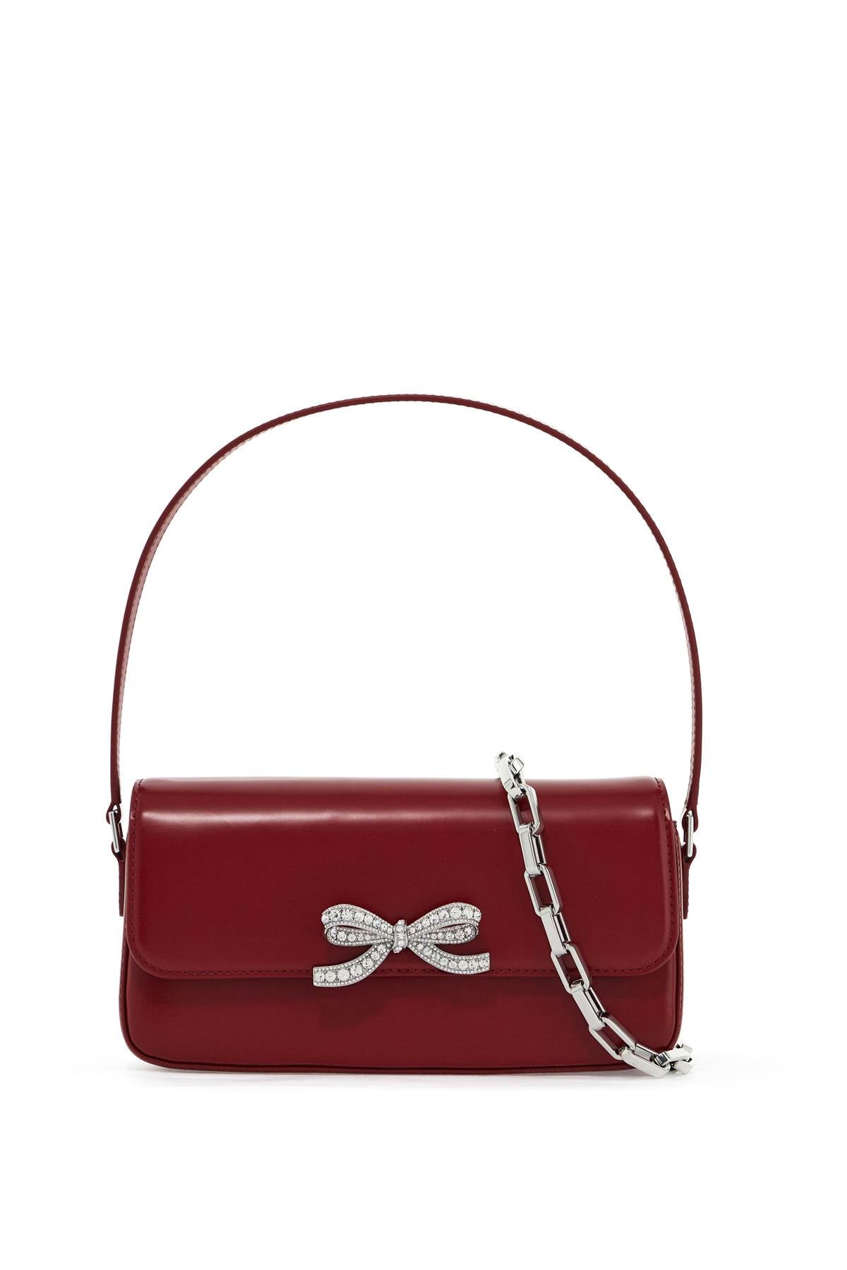 SELF-PORTRAIT Elegant Burgundy Leather Mini Baguette with Diamanté Bow (9x4x2 in)