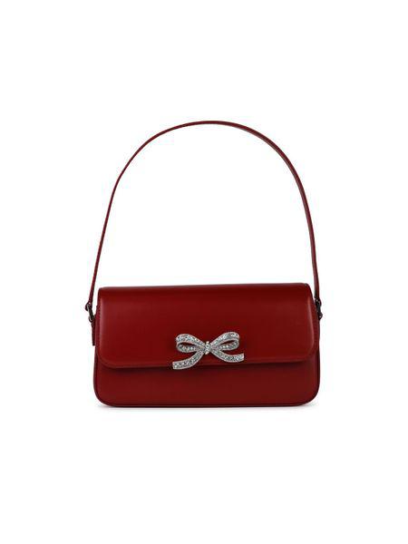 SELF-PORTRAIT Elegant Burgundy Leather Mini Baguette with Diamanté Bow (9x4x2 in)