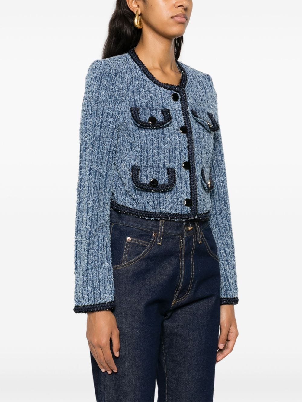 SELF-PORTRAIT Navy Blue Cropped Denim Jacket with Lurex Braided Trim