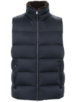 HERNO Navy Quilted Down Vest with Faux Fur Collar